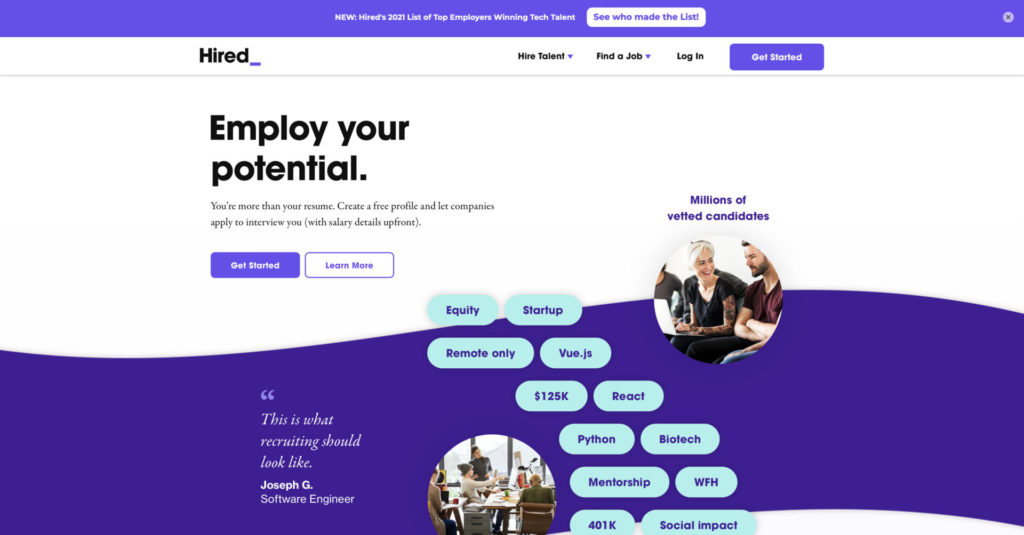 screenshot of hired homepage