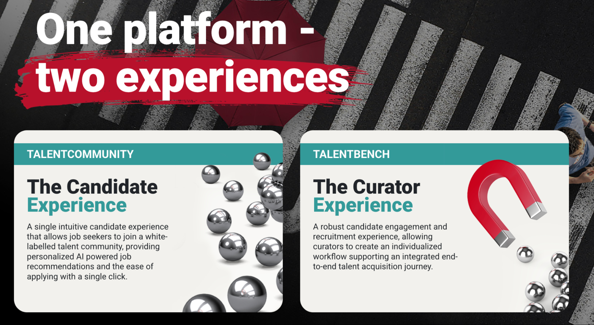 TalentNet products page with text, “One platform - two experiences,” highlighting TalentCommunity for candidates and TalentBench for curators