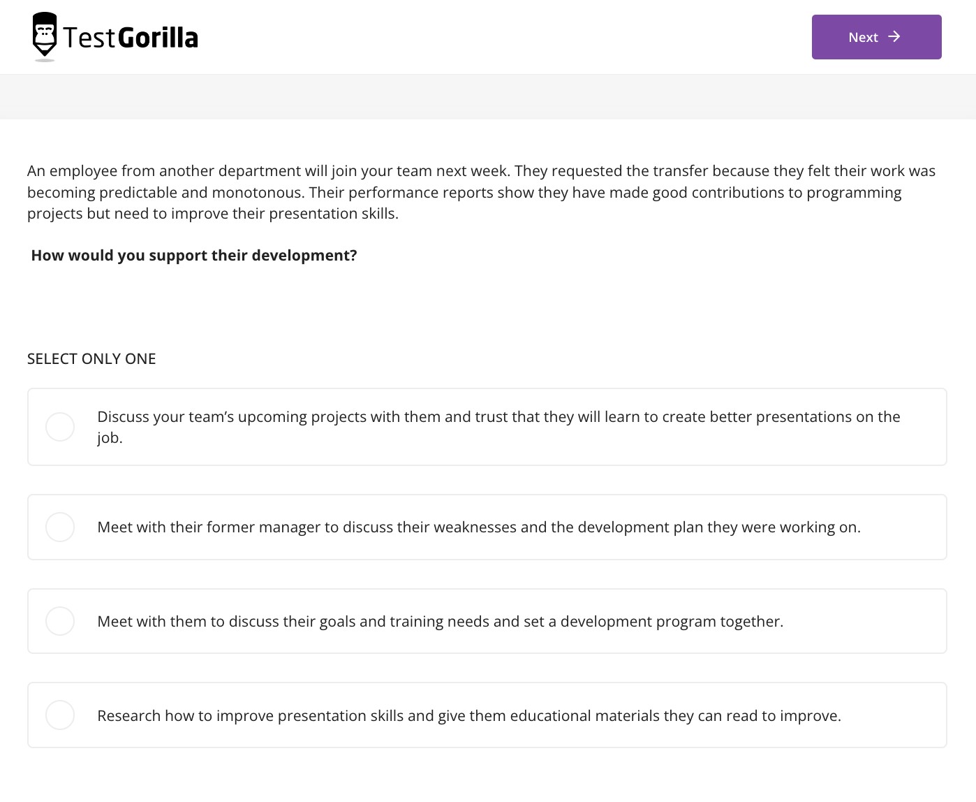 An example question from TestGorilla's Leadership and People Management test.