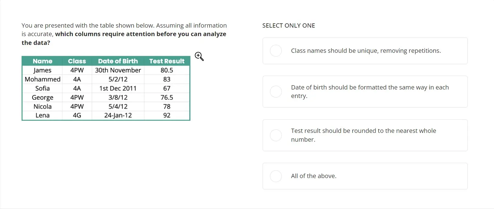 example of a question of Working with Data test by TestGorilla