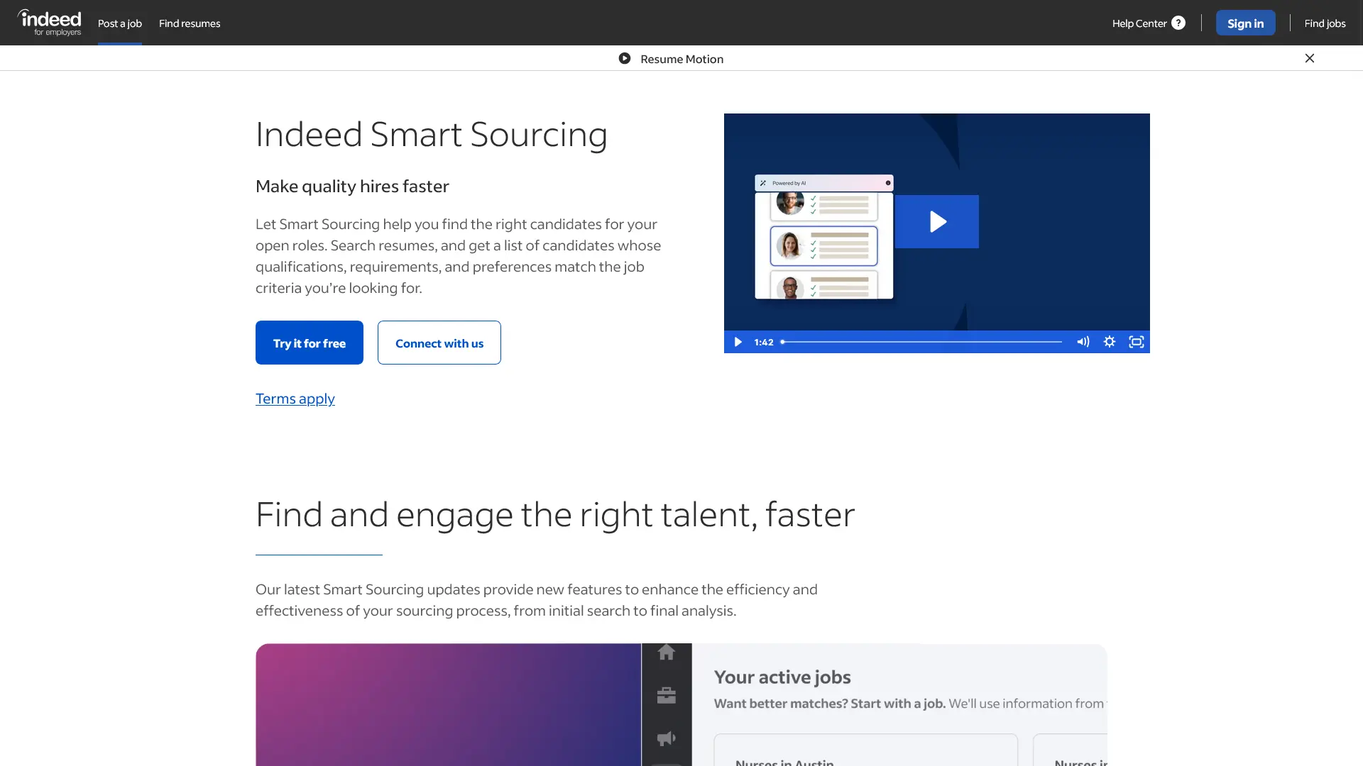 Indeed’s Smart Sourcing web page includes video introductions of its main features.