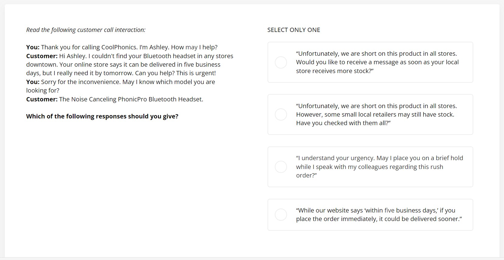 an example question from TestGorilla's Customer Service test