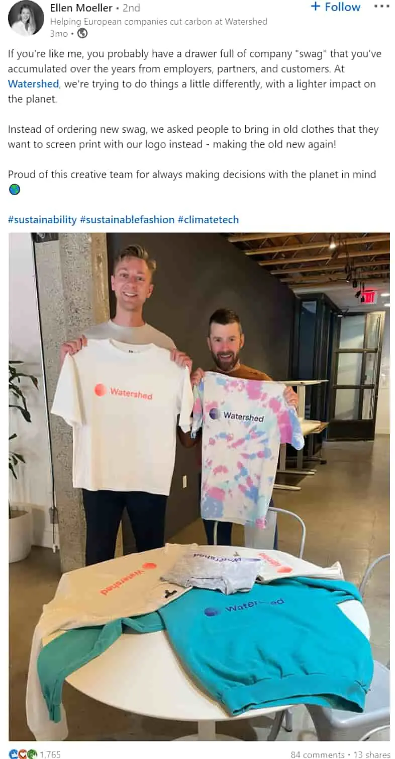 Screenshot of a Watershed employee proud of the company's sustainable swag