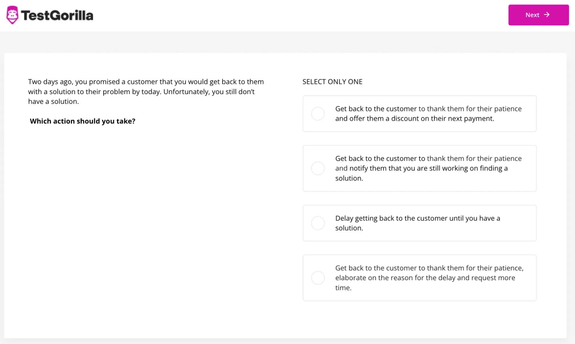 An example question from TestGorilla's Customer Service test