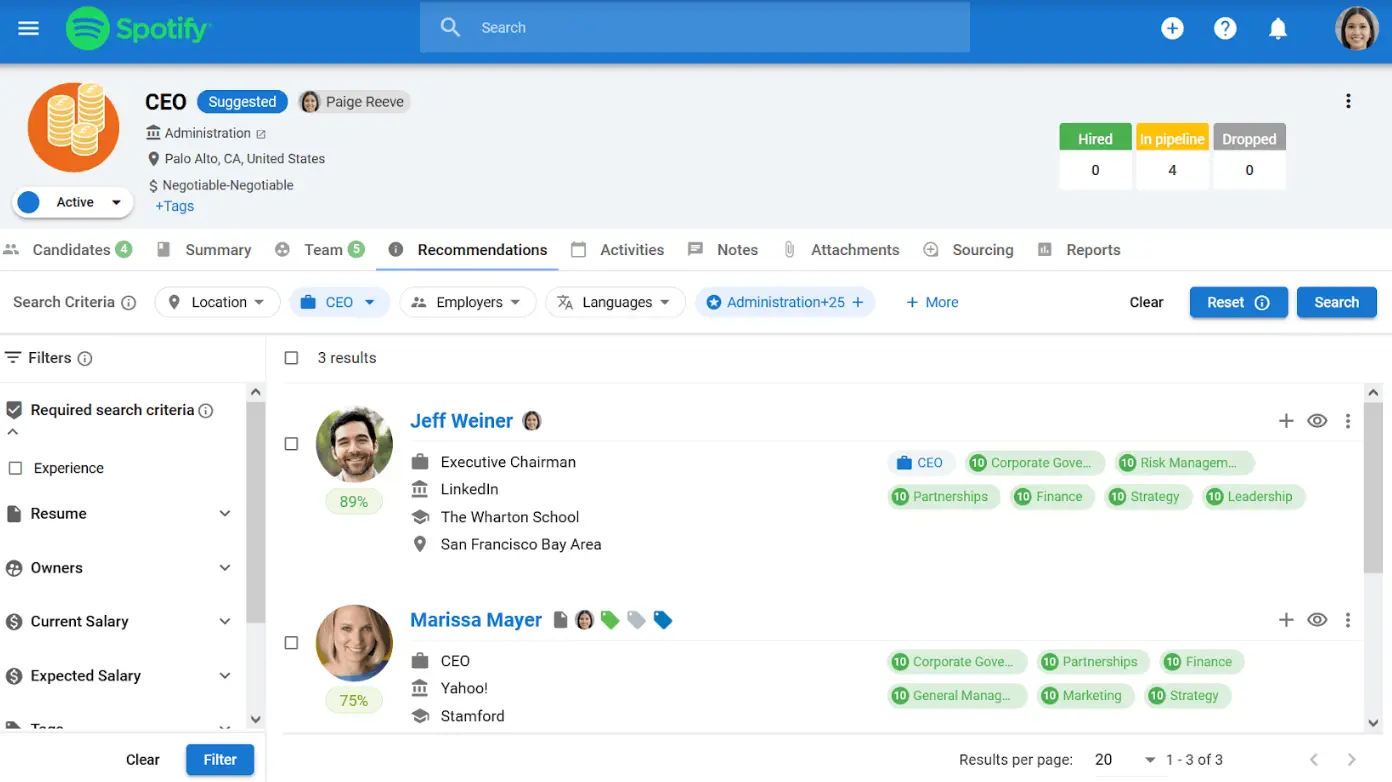 Screenshot of Manatal‘s recommendation engine showing candidate scores and criteria.