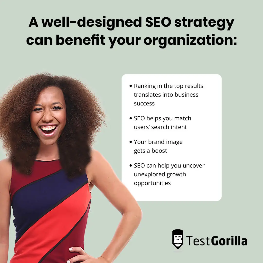 A graphic illustrating the four areas your organization can benefit by applying a well-designed SEO strategy