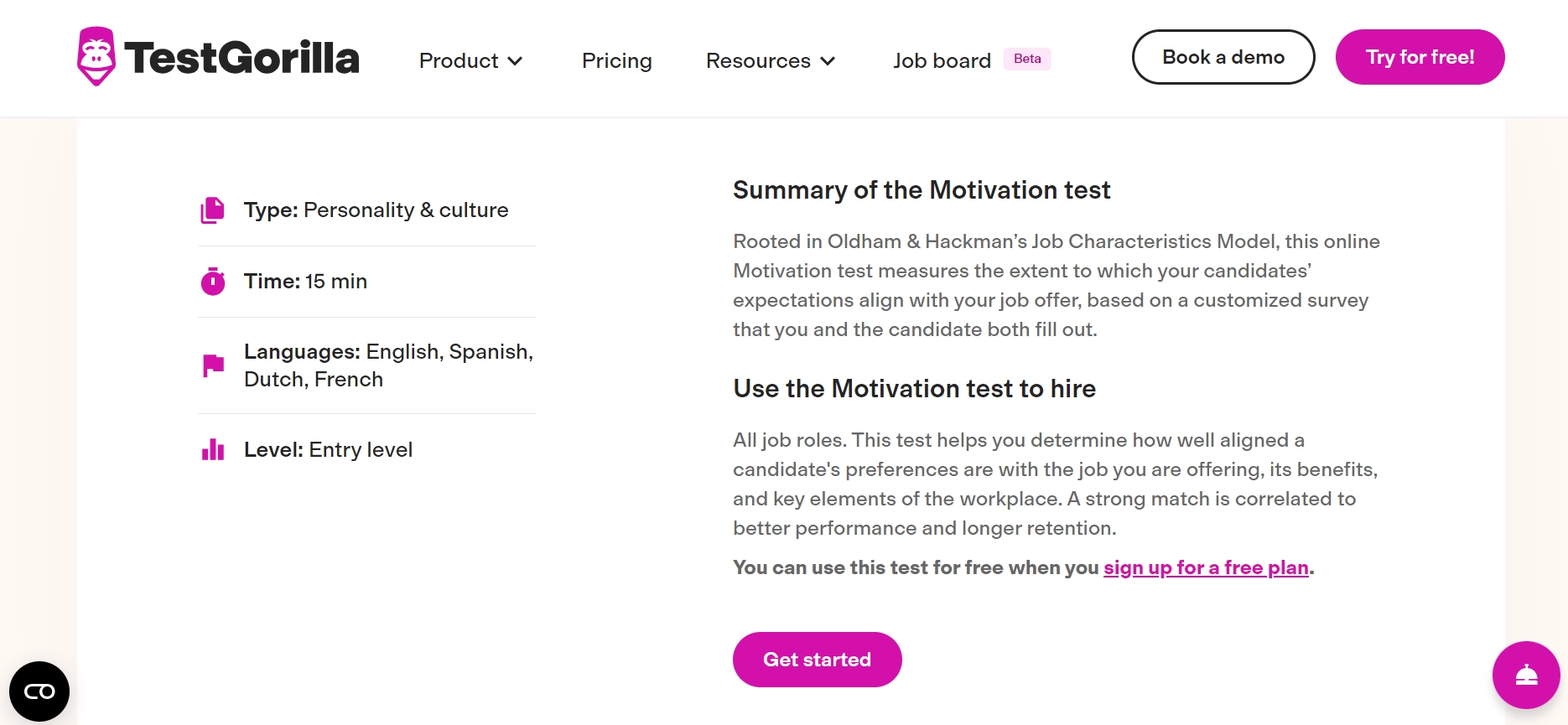 A screenshot of TestGorilla’s Motivation test page