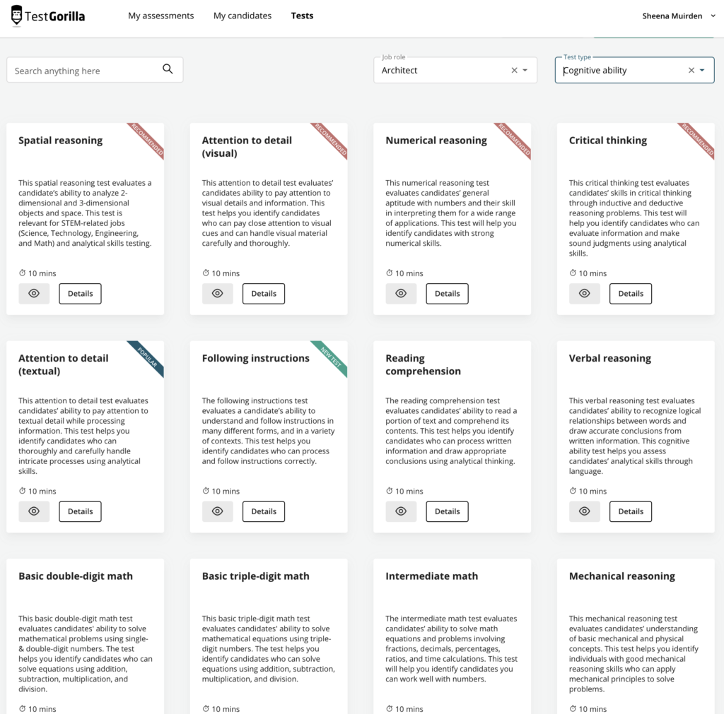 screenshot of tests gauging the cognitive abilities of an architect role in TestGorilla