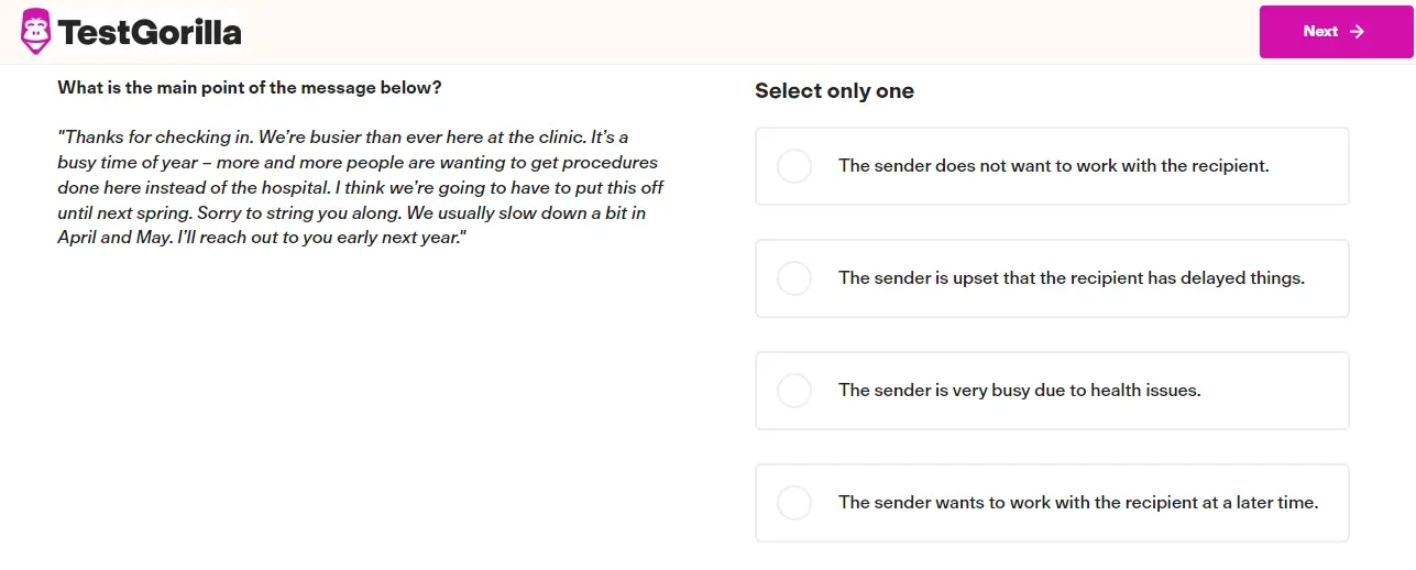 An example question from TestGorilla's Communication test