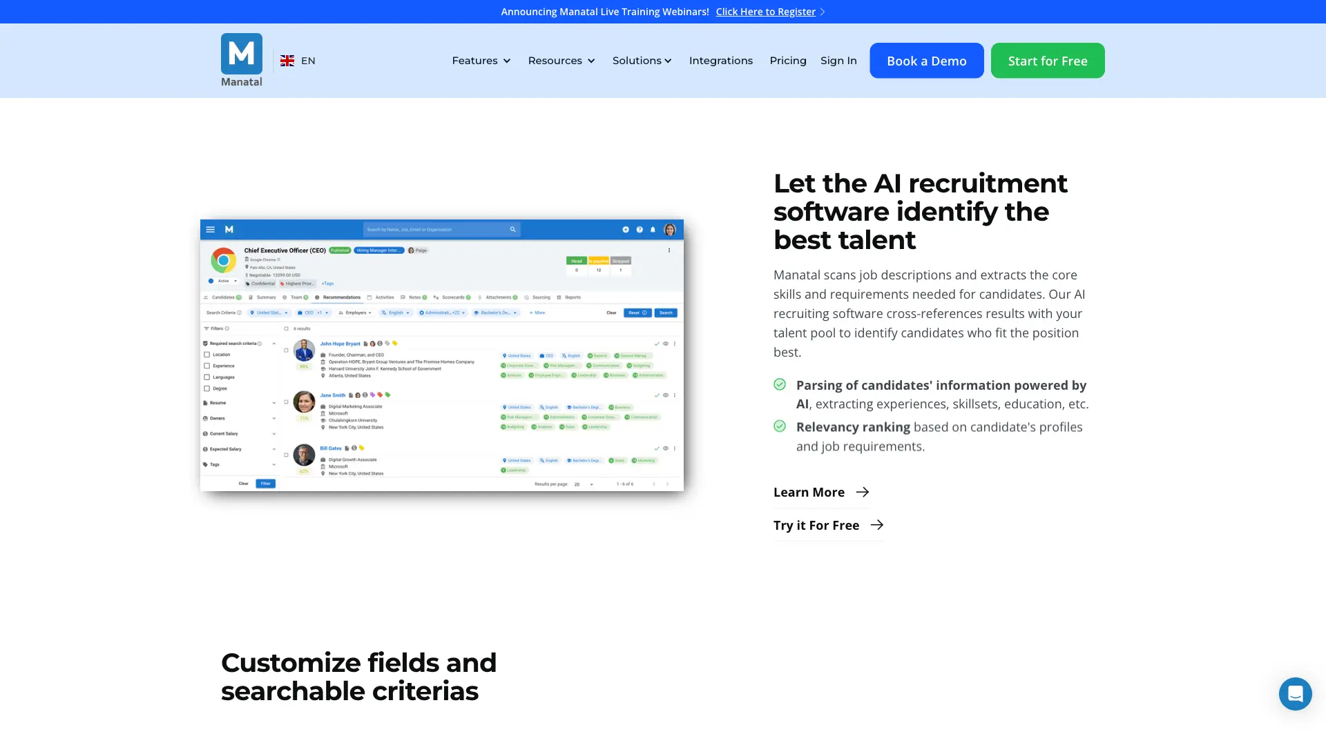 A screenshot of Manatel’s AI feature, ranking three candidates based on how well they match the job requirements from their website