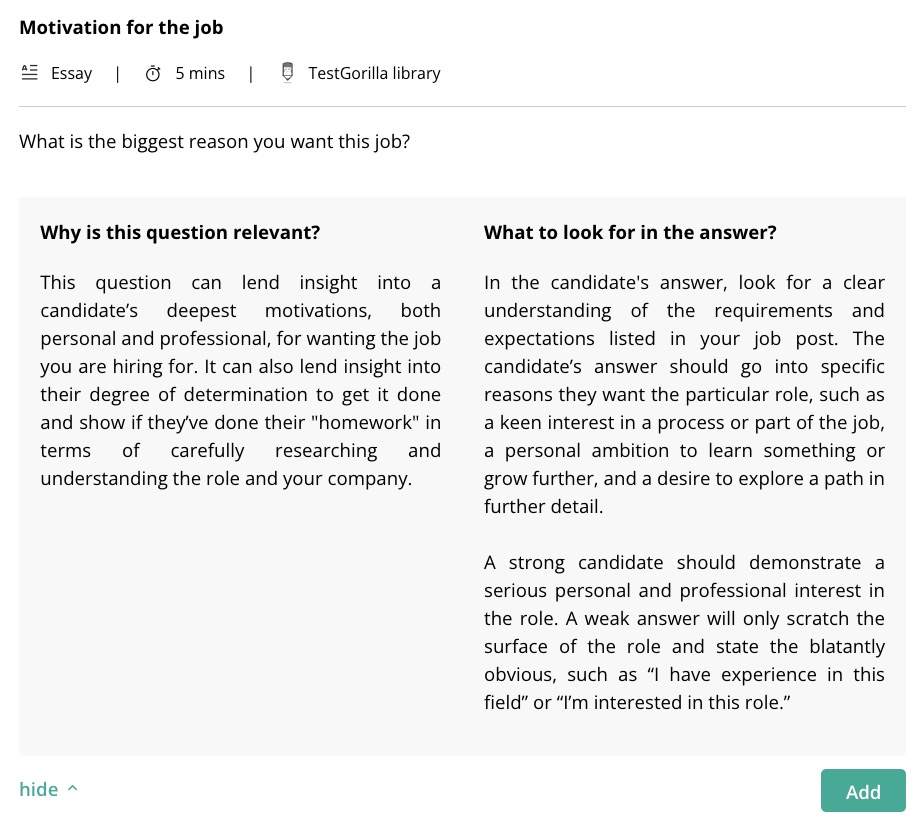 A preview of a question type in TestGorilla's Motivation test, asking "What is the biggest reason you want this job?
