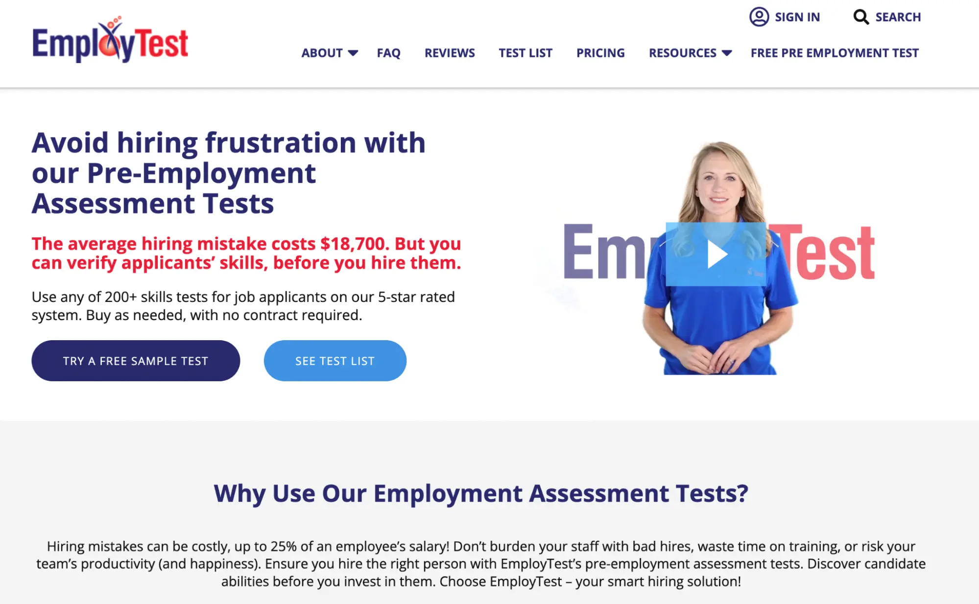 EmployTest homepage screenshot