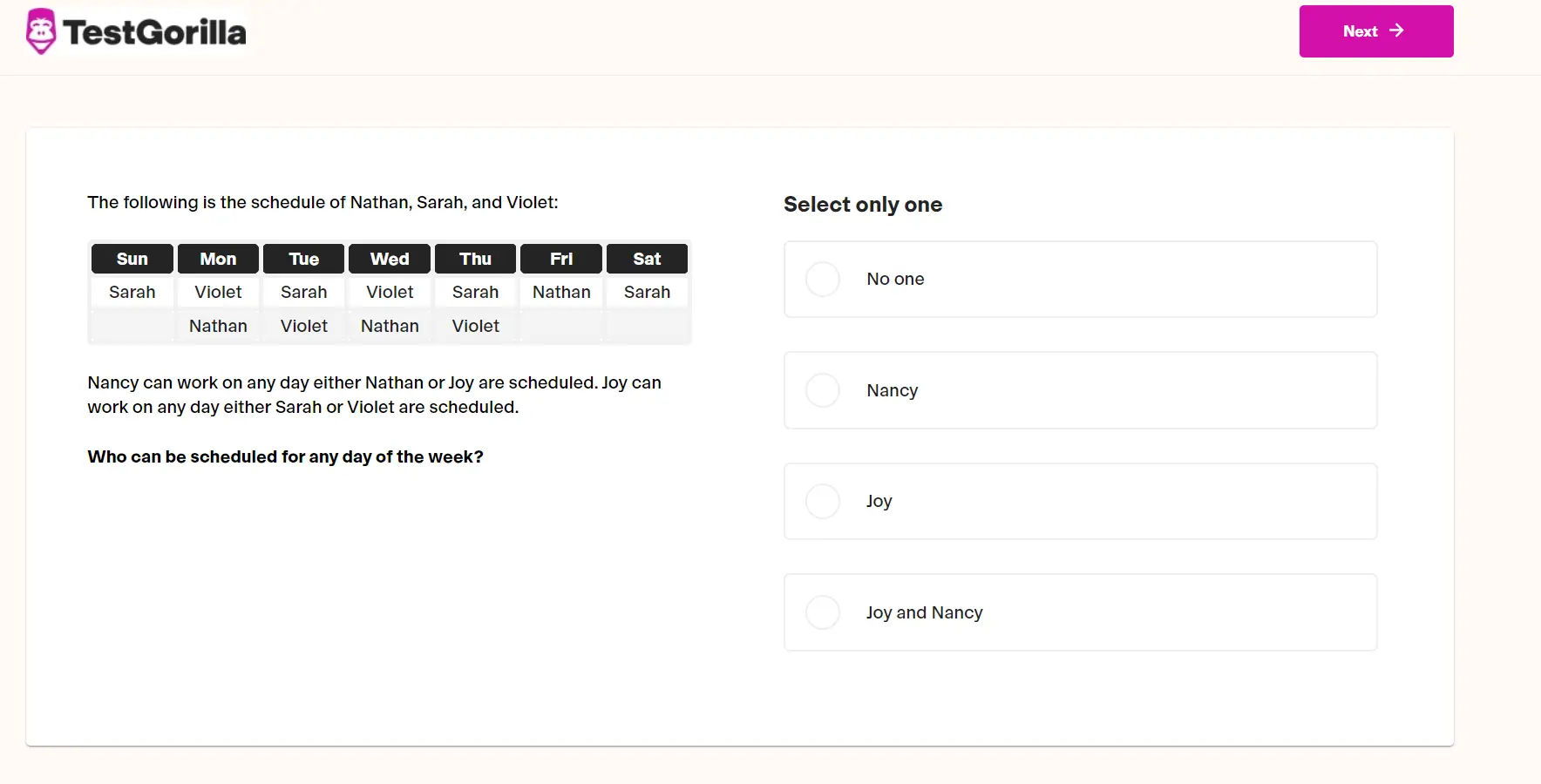 Example question from TestGorilla's Problem-solving test
