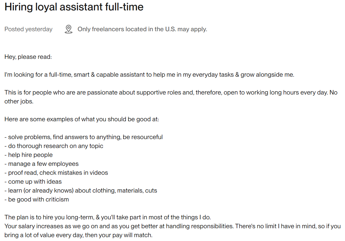 A screenshot of a VA job description example (1/2