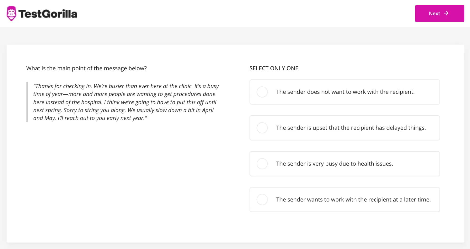 A sample question from TestGorilla's Entry level Communication test