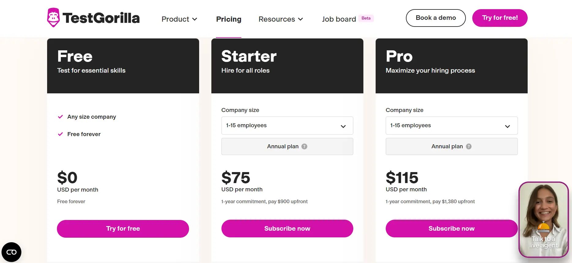 A screenshot of TestGorilla’s pricing page
