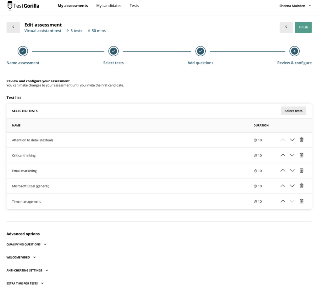 aperçu de la façon dont faire une évaluation dans TestGorilla