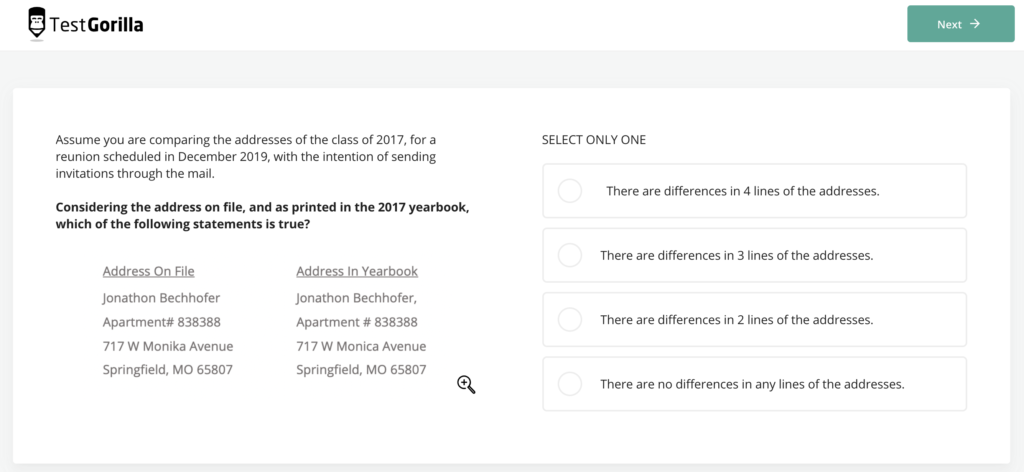 
Beispielfrage aus dem Test zur Detailgenauigkeit von TestGorilla
