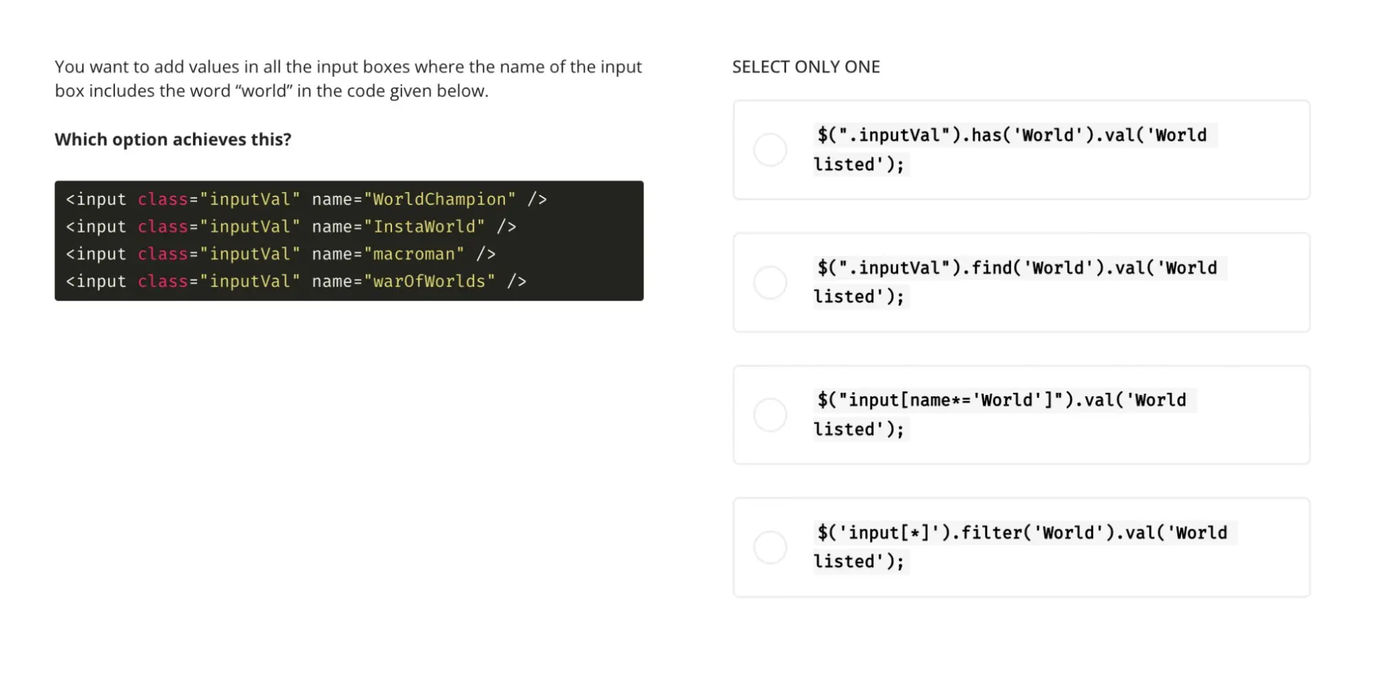 An example question from TestGorilla's jQuery test