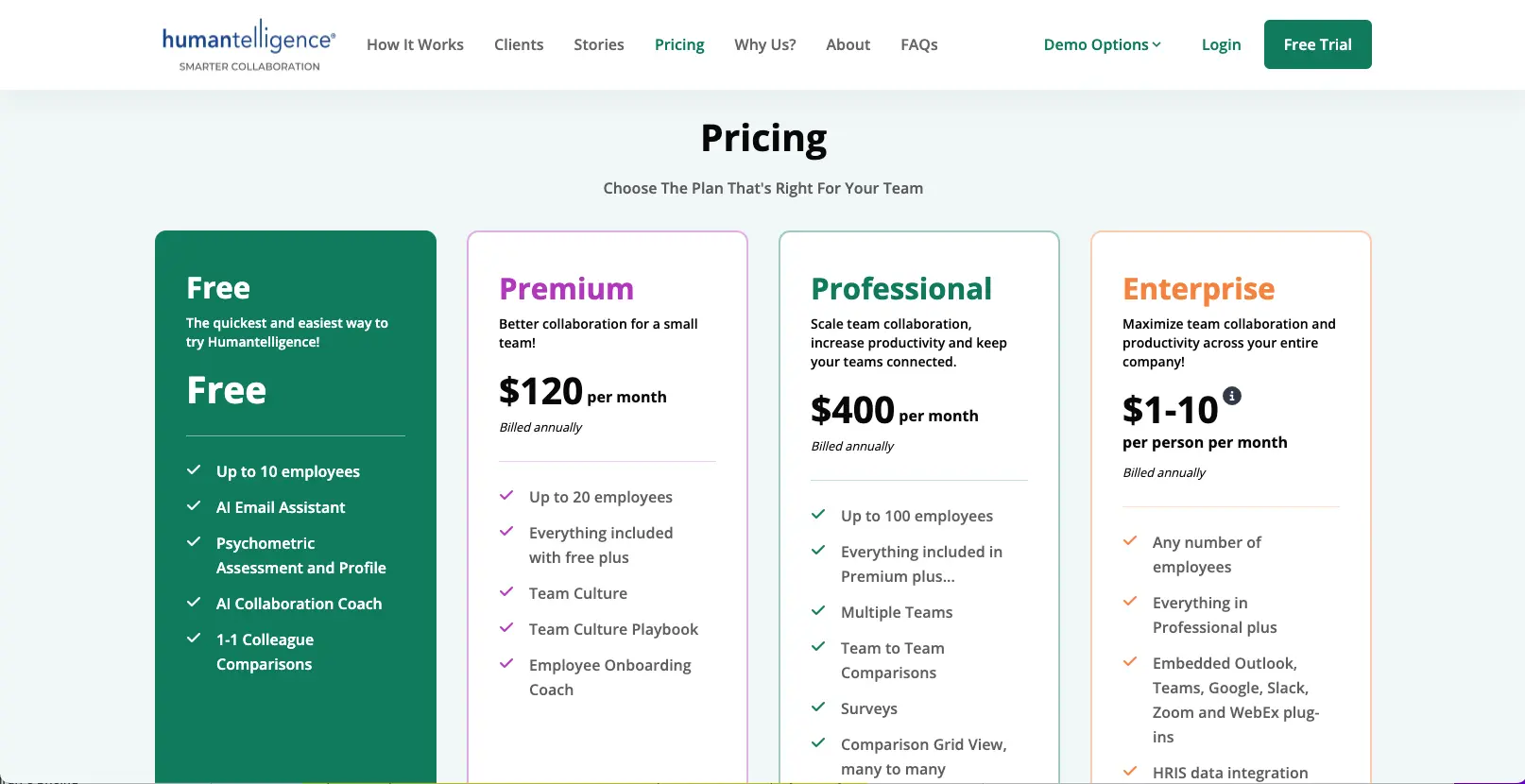 Humantelligence’s pricing screenshot