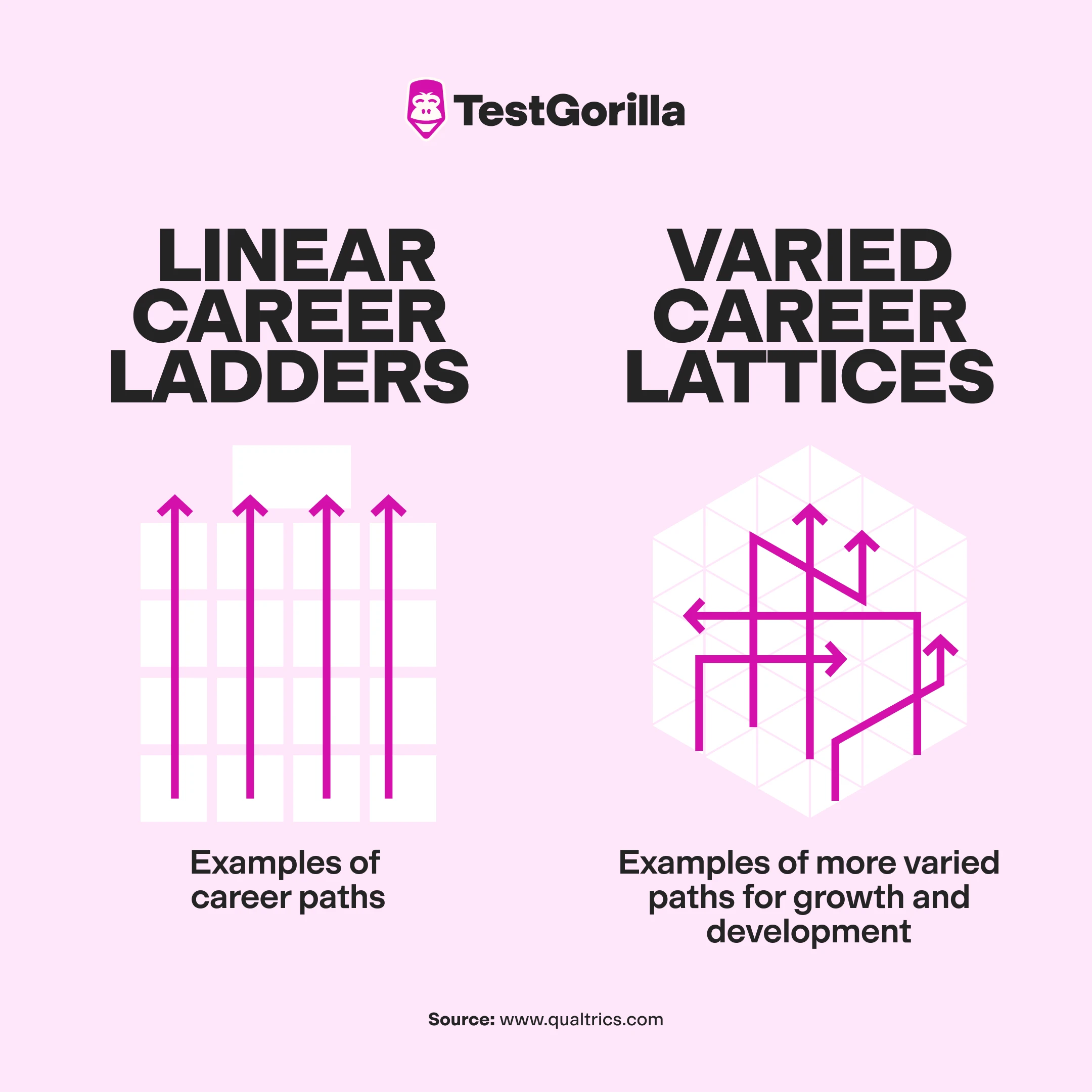 Two diagrams showing the difference between linear career ladders and varied career lattices
