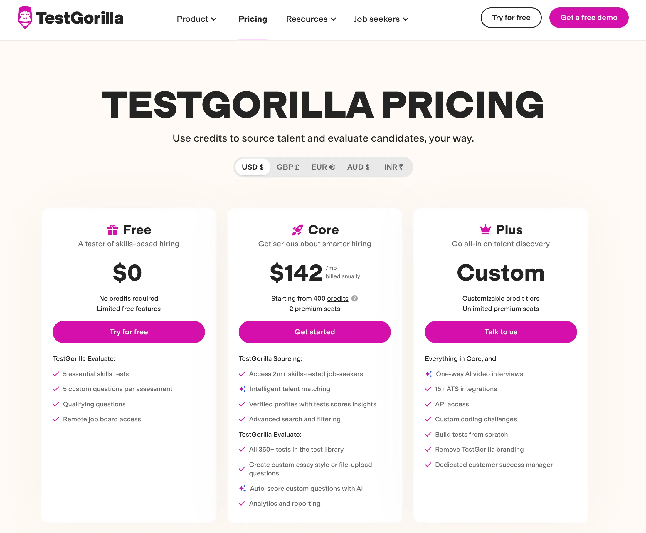 screenshot of testgorilla's new pricing for 2025