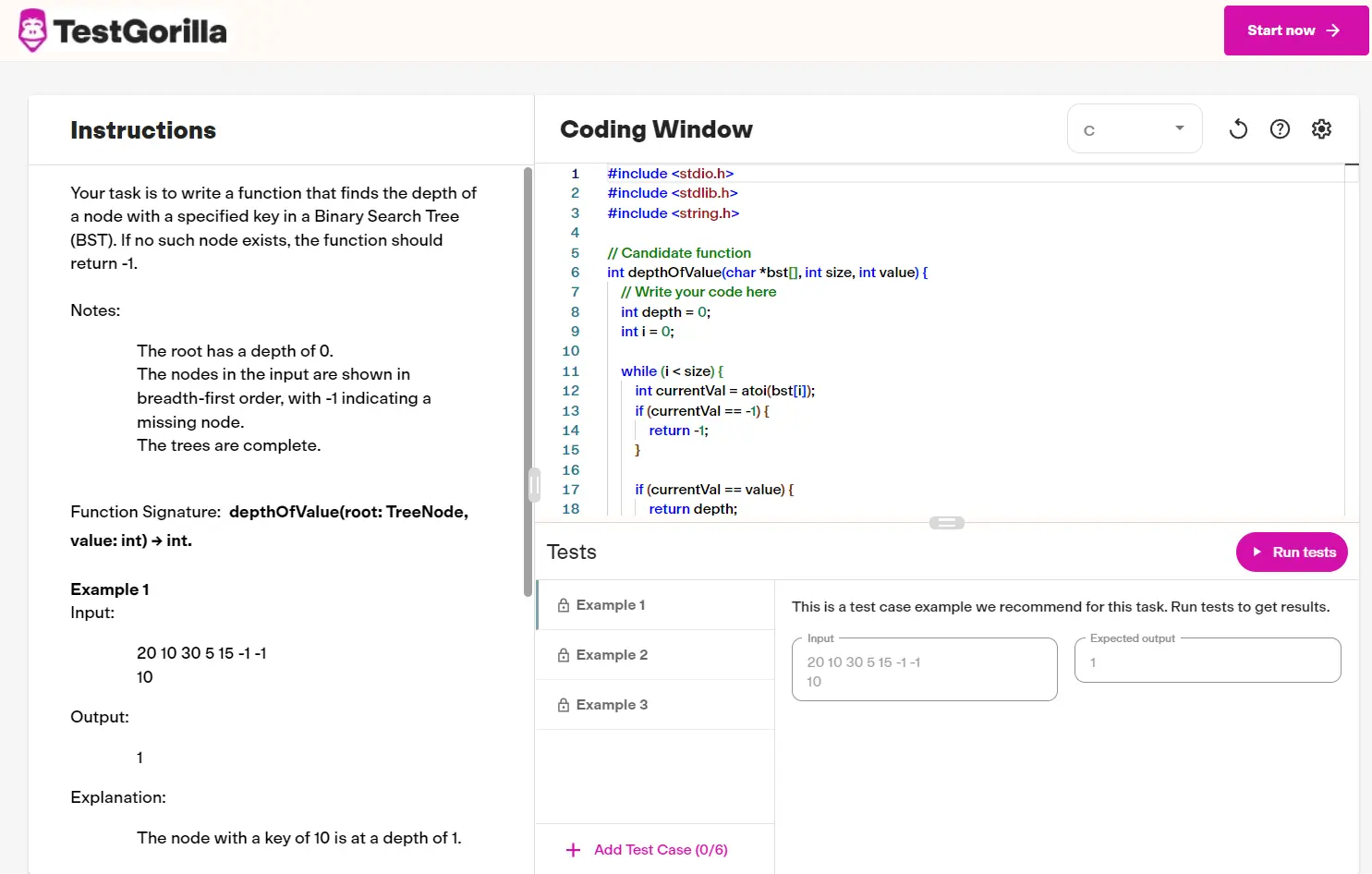 An example question from TestGorilla's Coding: Data Structures - Binary Search Trees test