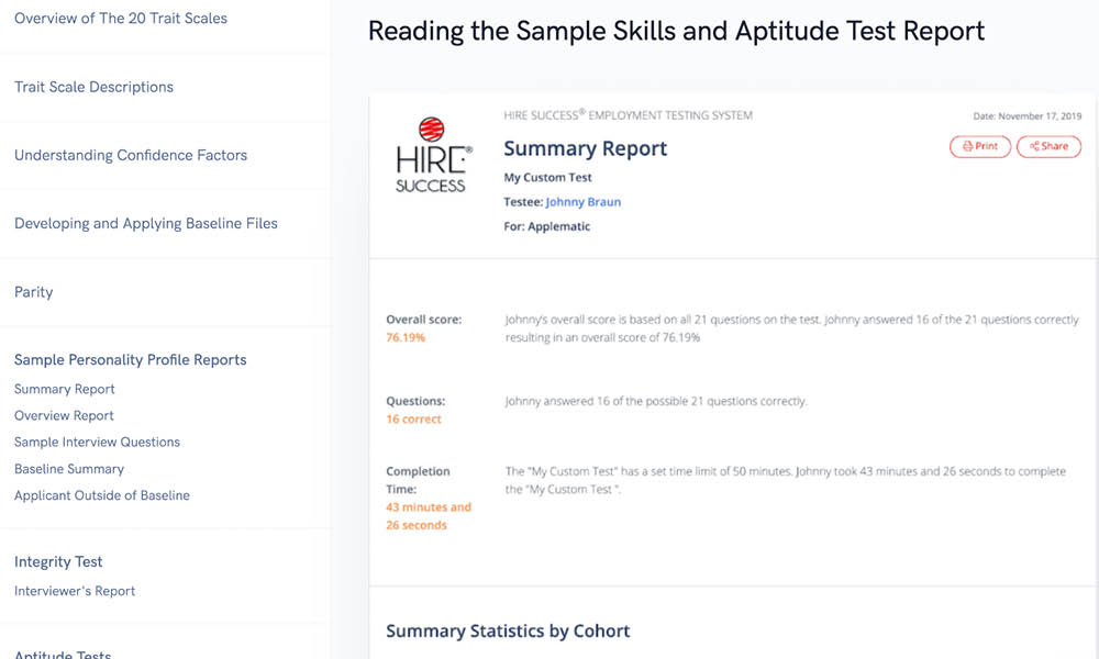 Hire success reporting summary