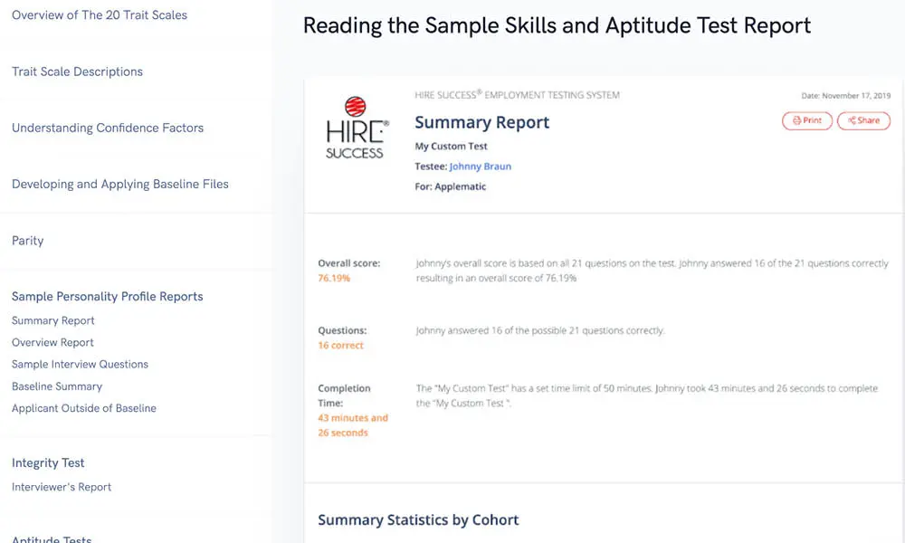 Hire success reporting summary