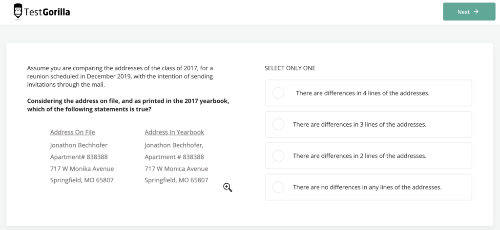 
exemple de question du test d’évaluation d’attention aux détails de TestGorilla
