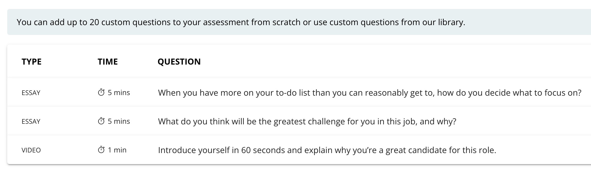 TestGorilla custom questions for your HR assessment