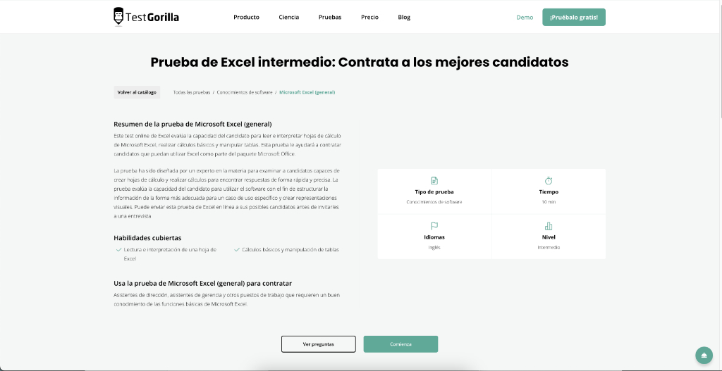Vista previa de la pantalla de la prueba general de Microsoft Excel de TestGorilla