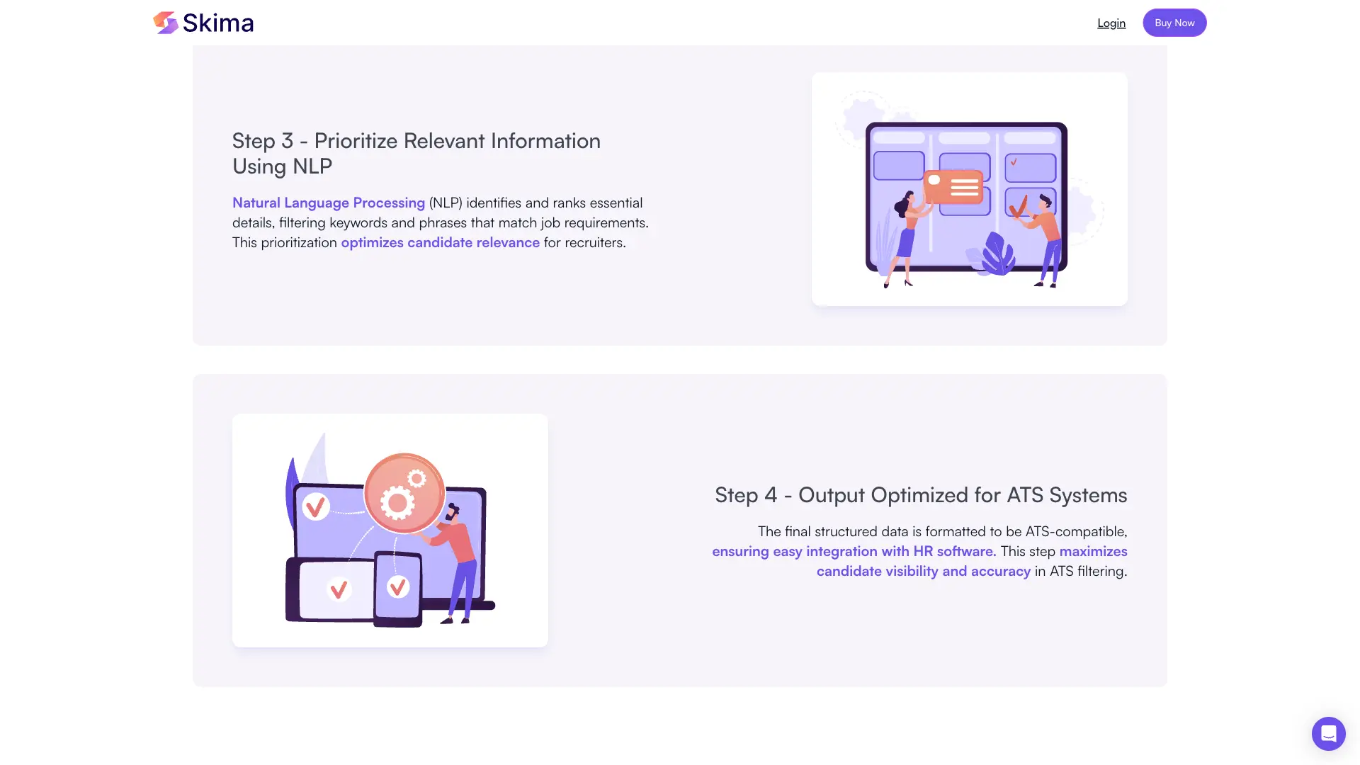 Steps 3 and 4 of Skima’s Resume Parser, including using natural processing language and maximizing candidate visibility in ATS filtering, screenshot taken from their website