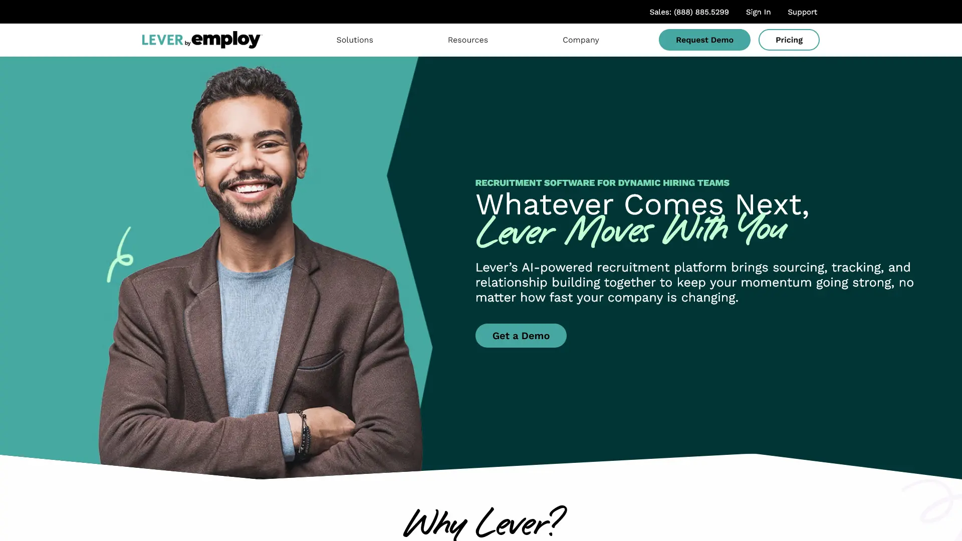 Lever’s website features a smiling man with his arms crossed, and an invitation to schedule a demo of the software.