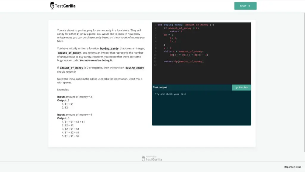 screenshot of sample question of python debugging test - TestGorilla