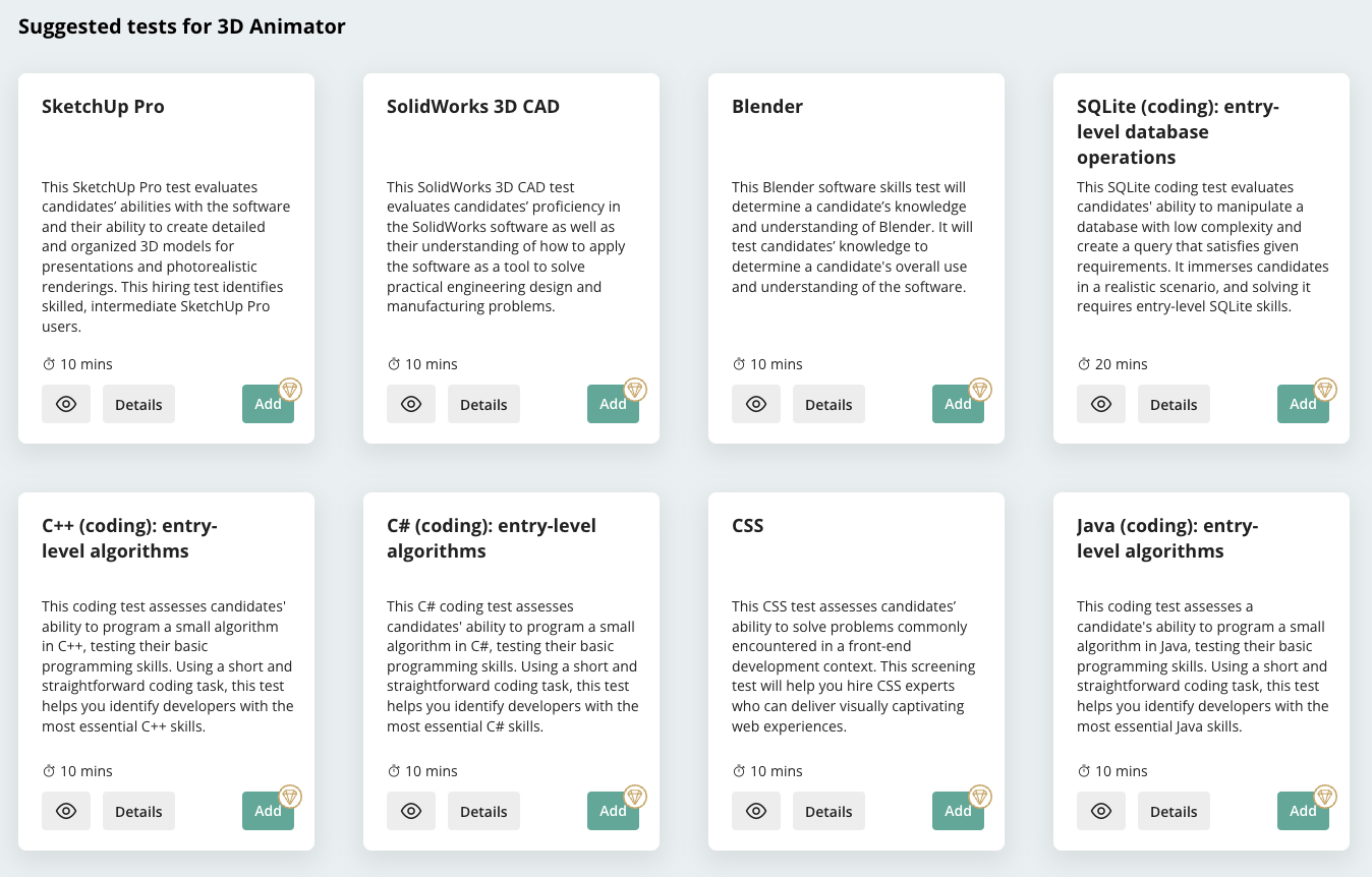 suggested tests for 3D animator by TestGorilla screenshot