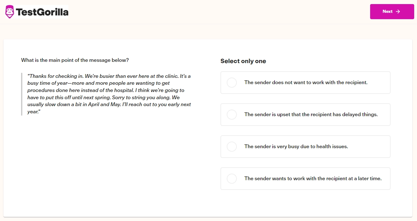 An example question from TestGorilla's Communication test screenshot