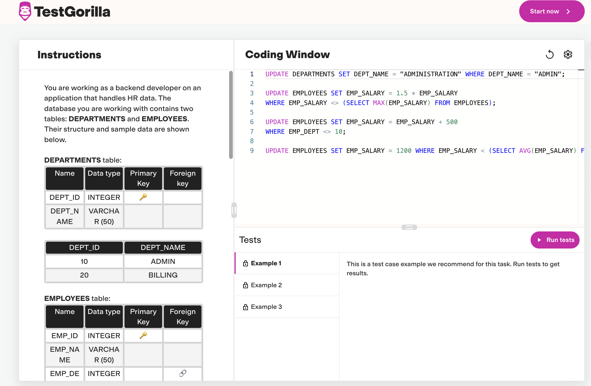 preview of SQLite online coding test