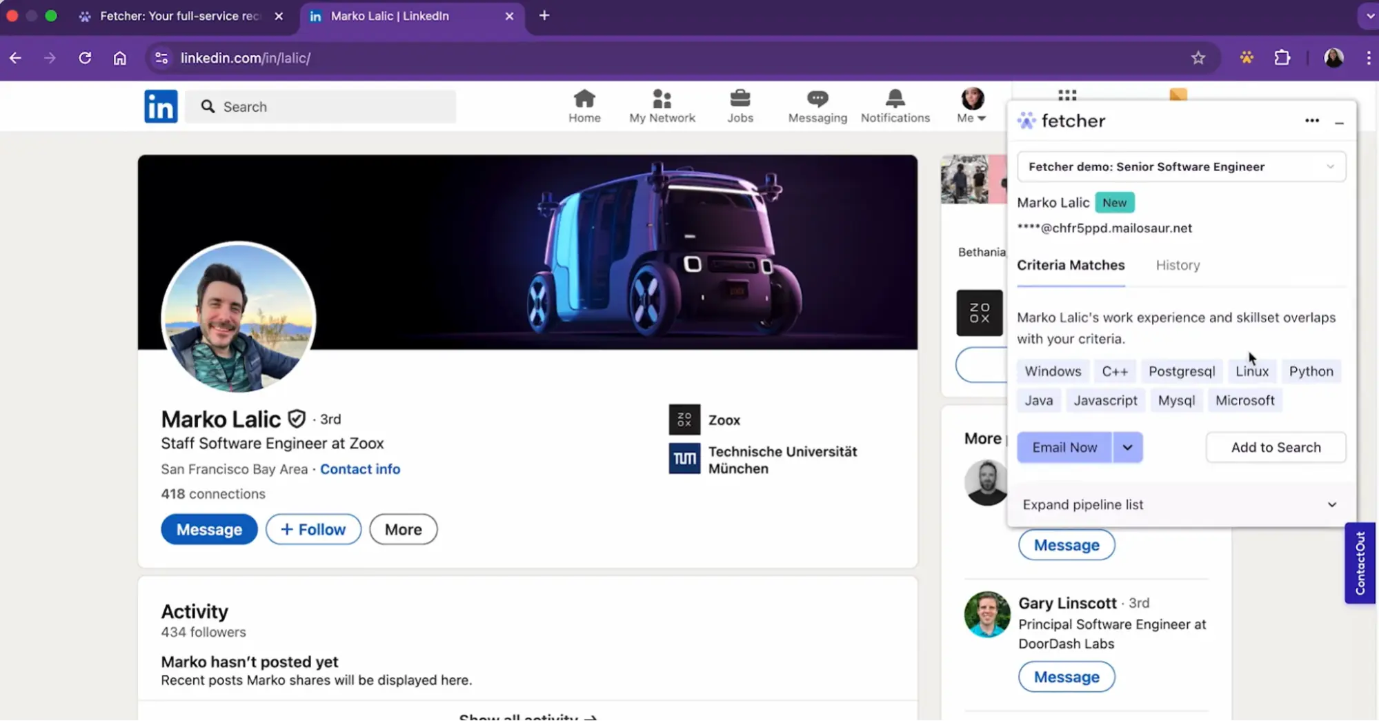 The Fetcher Chrome extension opened in a window over a web page showing the LinkedIn profile of a software engineer.