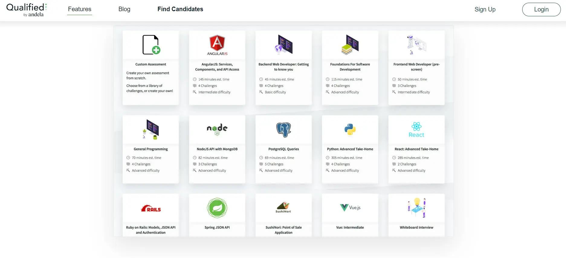 A screenshot of Qualified.io’s website, showing some of the programming languages and frameworks users can assess with the platform
