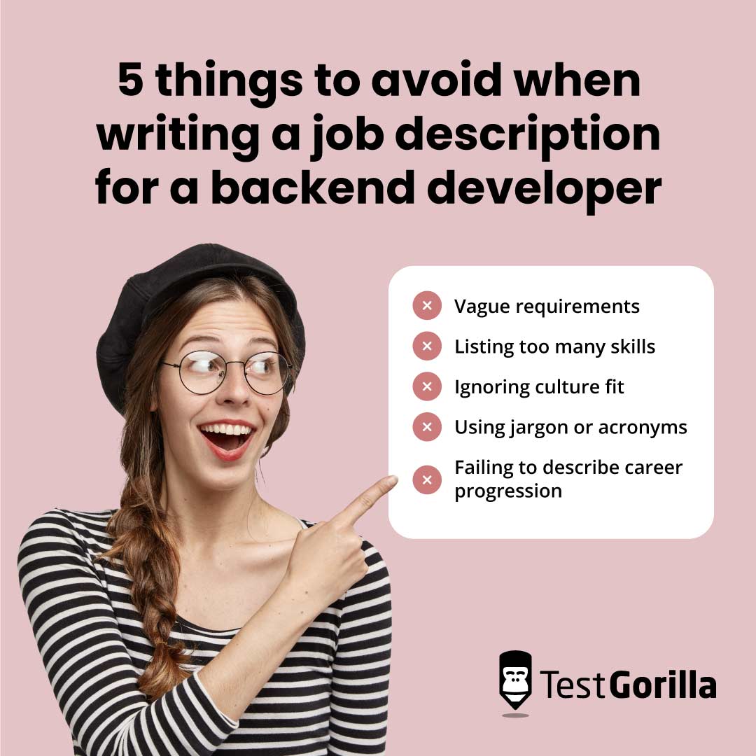 5 things to avoid when writing a job description for a backend developer graphic