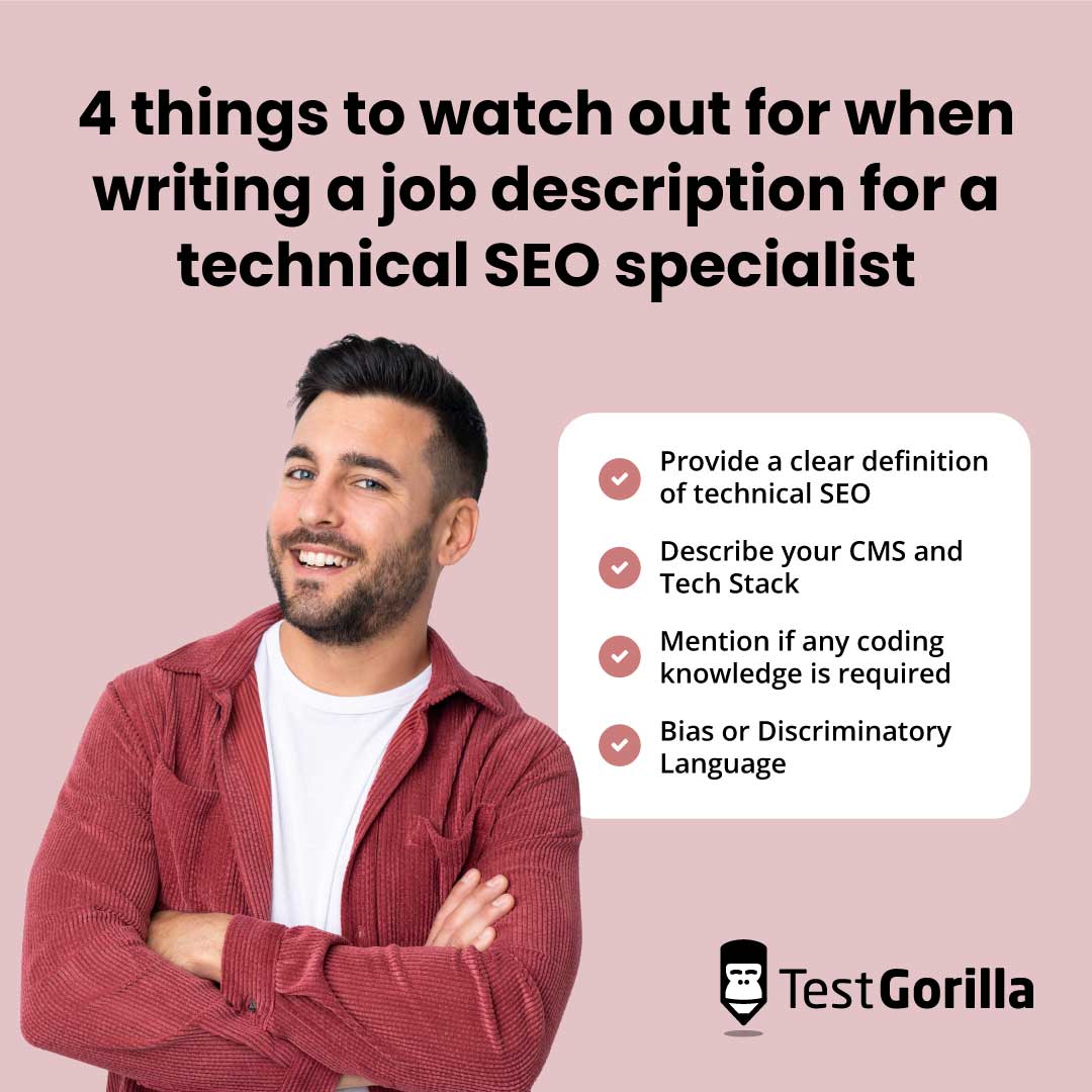 4 things to watch out for when writing a job description for a technical SEO specialist graphic