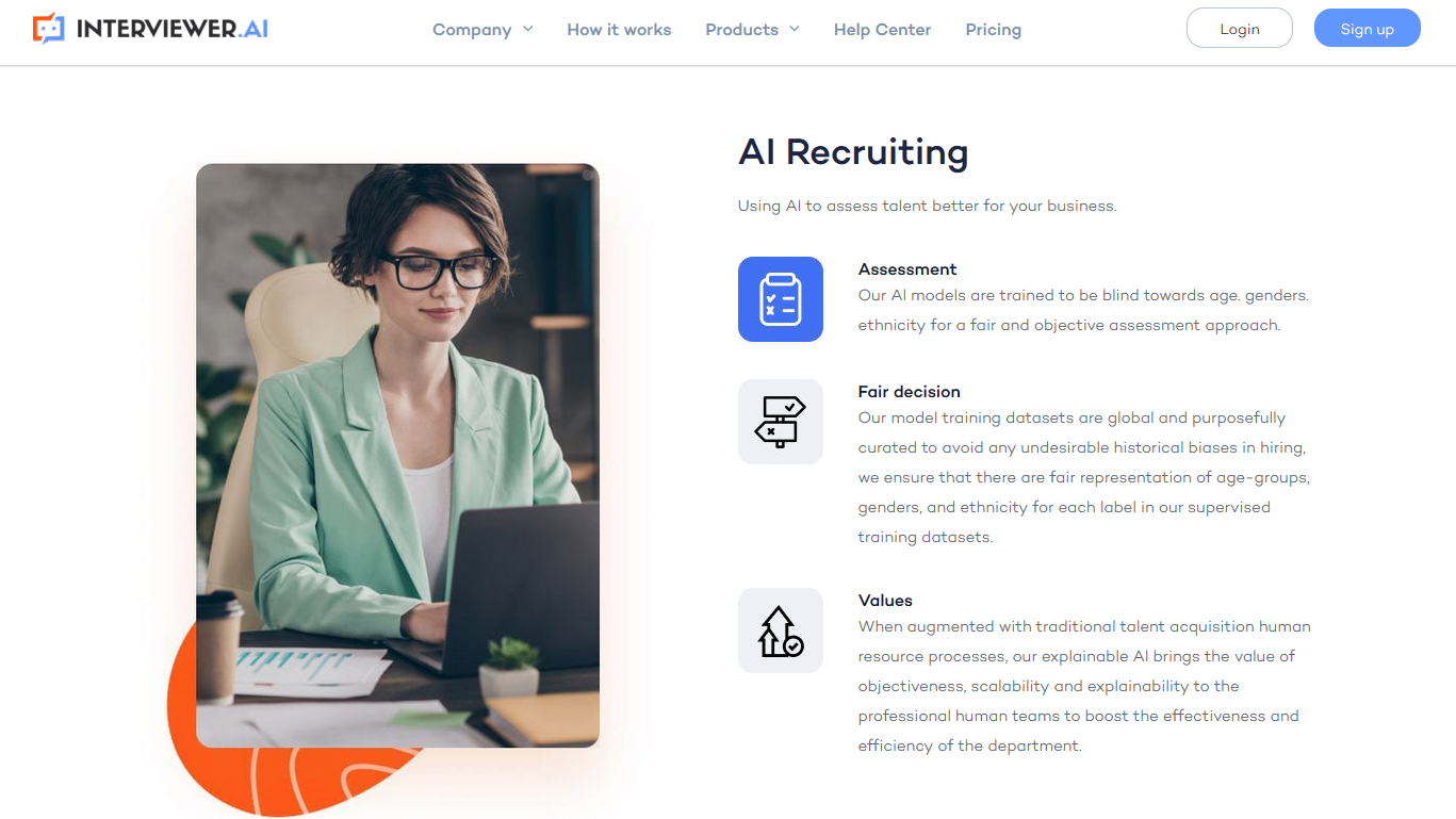Screenshot of an Interviewer.AI webpage that lists some of the benefits of AI recruiting through the platform.