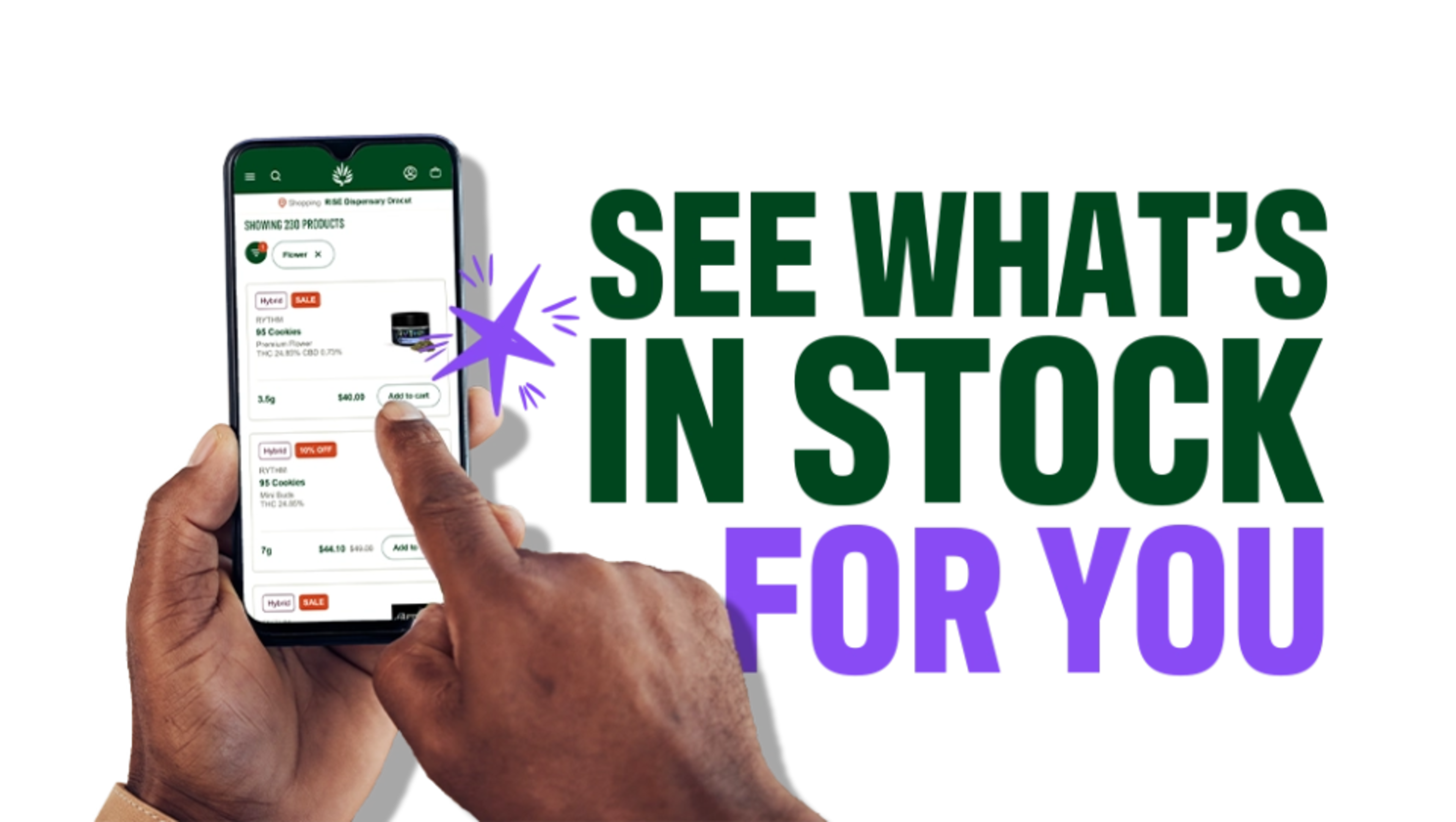 Screen showing top RISE cannabis products for shopping
