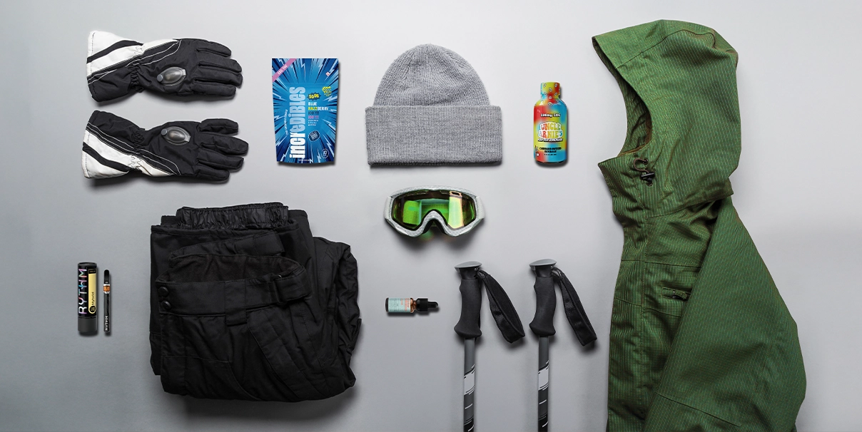 Seasonal Cannabis Pairings for Snowy Climates showing snow accessories
