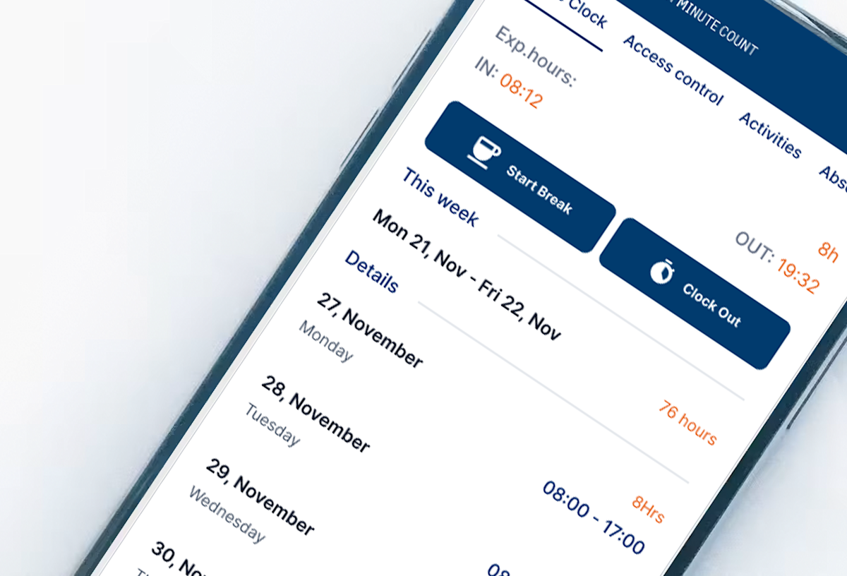 Synergy App screens showing clocking, expenses and holiday approval on mobile