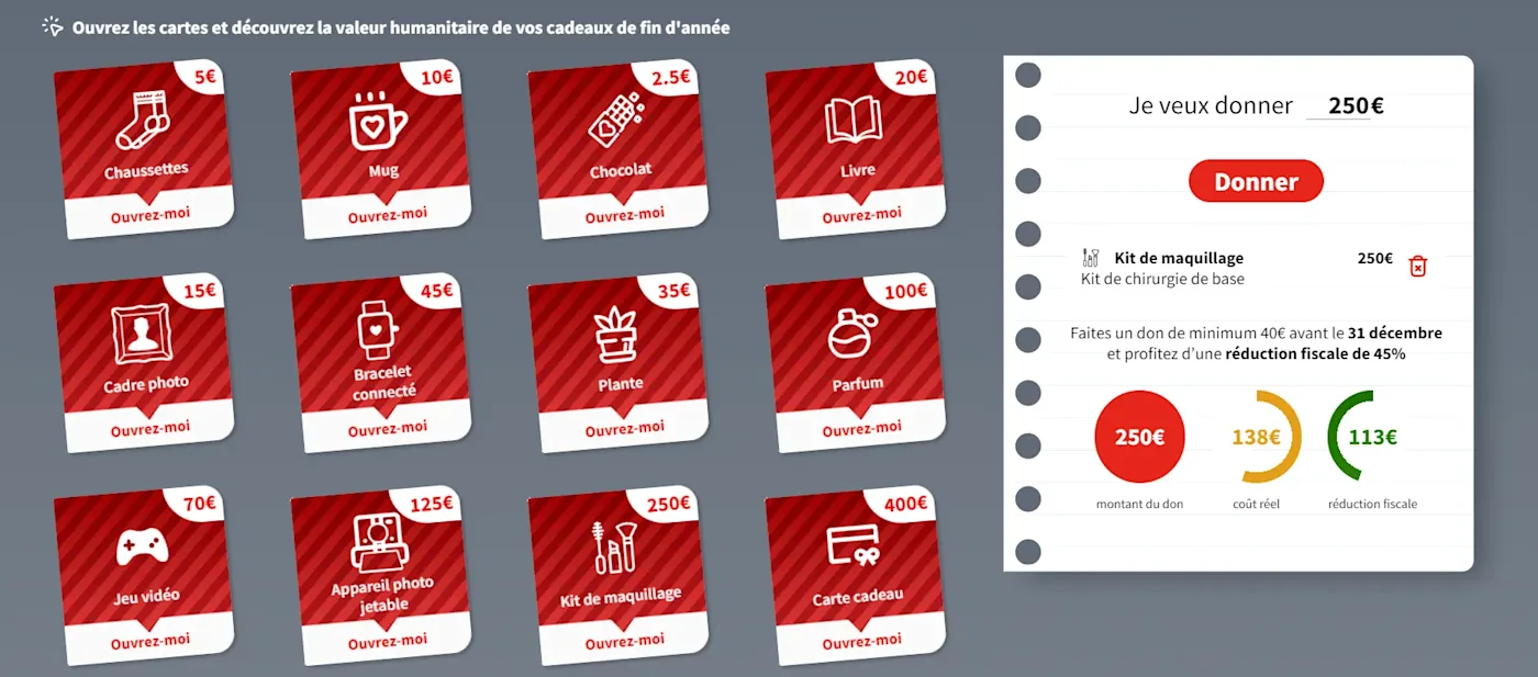 Charity gift cards from the fundraising campaign, with the donation's tax benefit calculated alongside.