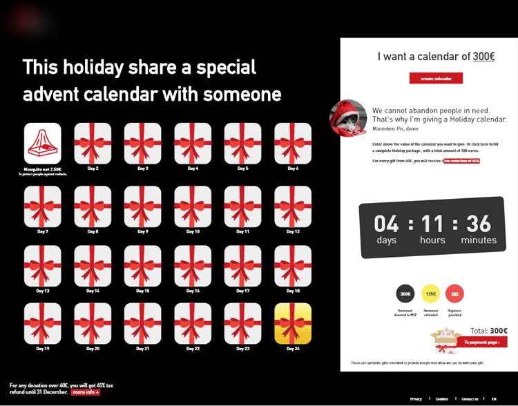 Prototypes for the end-of-year campaign: an advent calendar, charity gifts and other ideas that were tested.