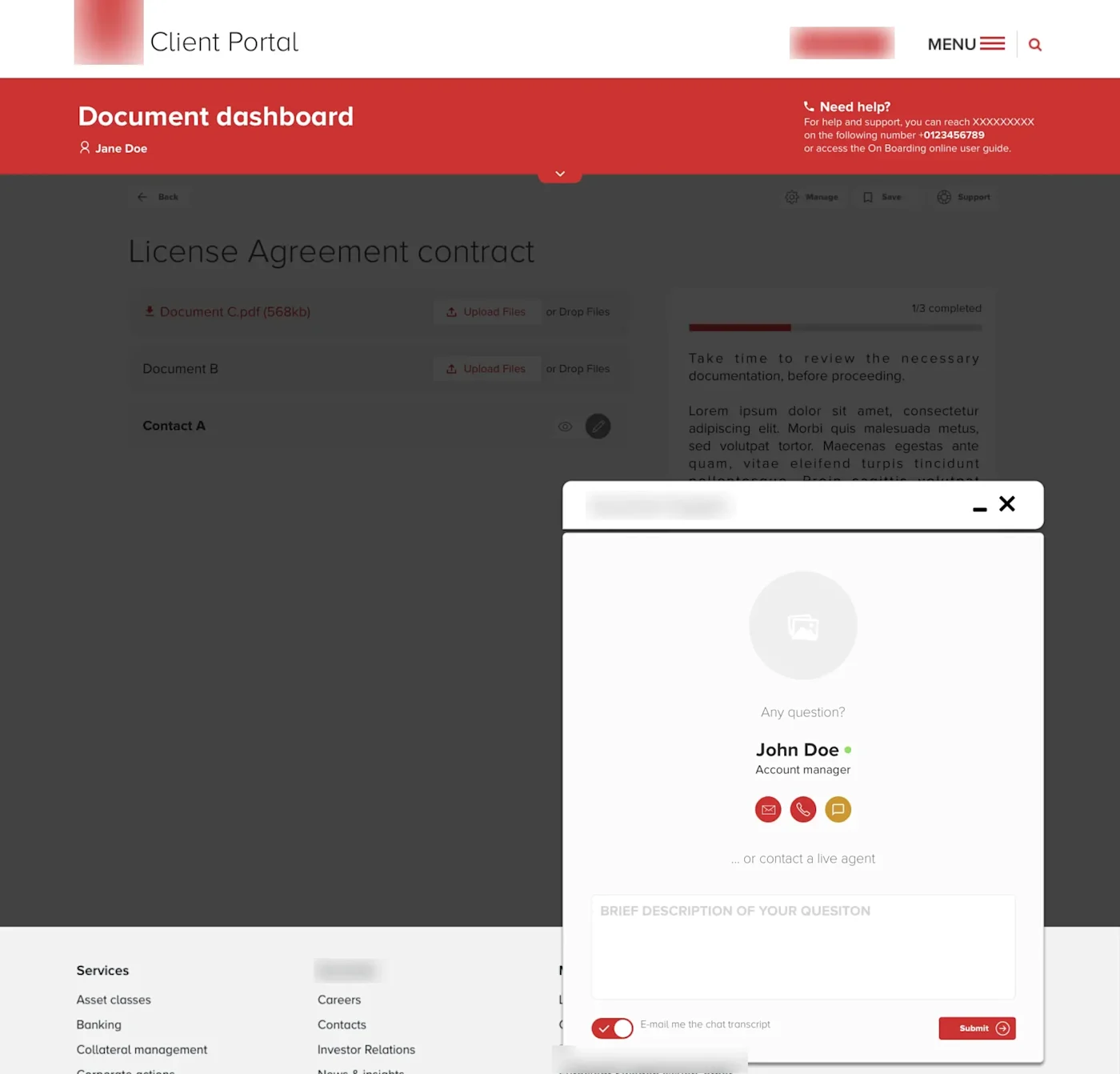 Chat de apoio aberto sobre o painel de documentos do portal.