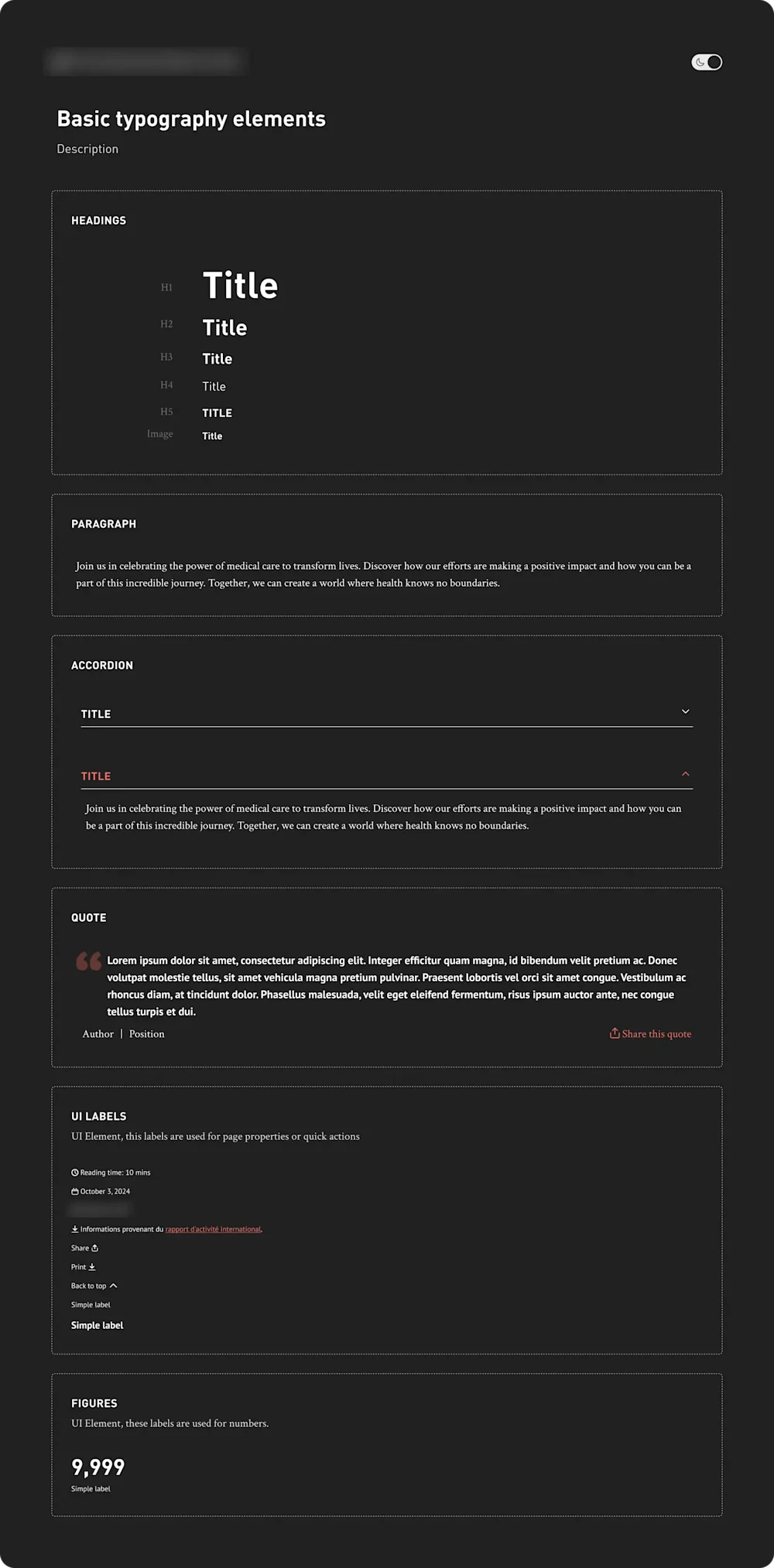 Elementos tipográficos base do design system, em modo escuro.